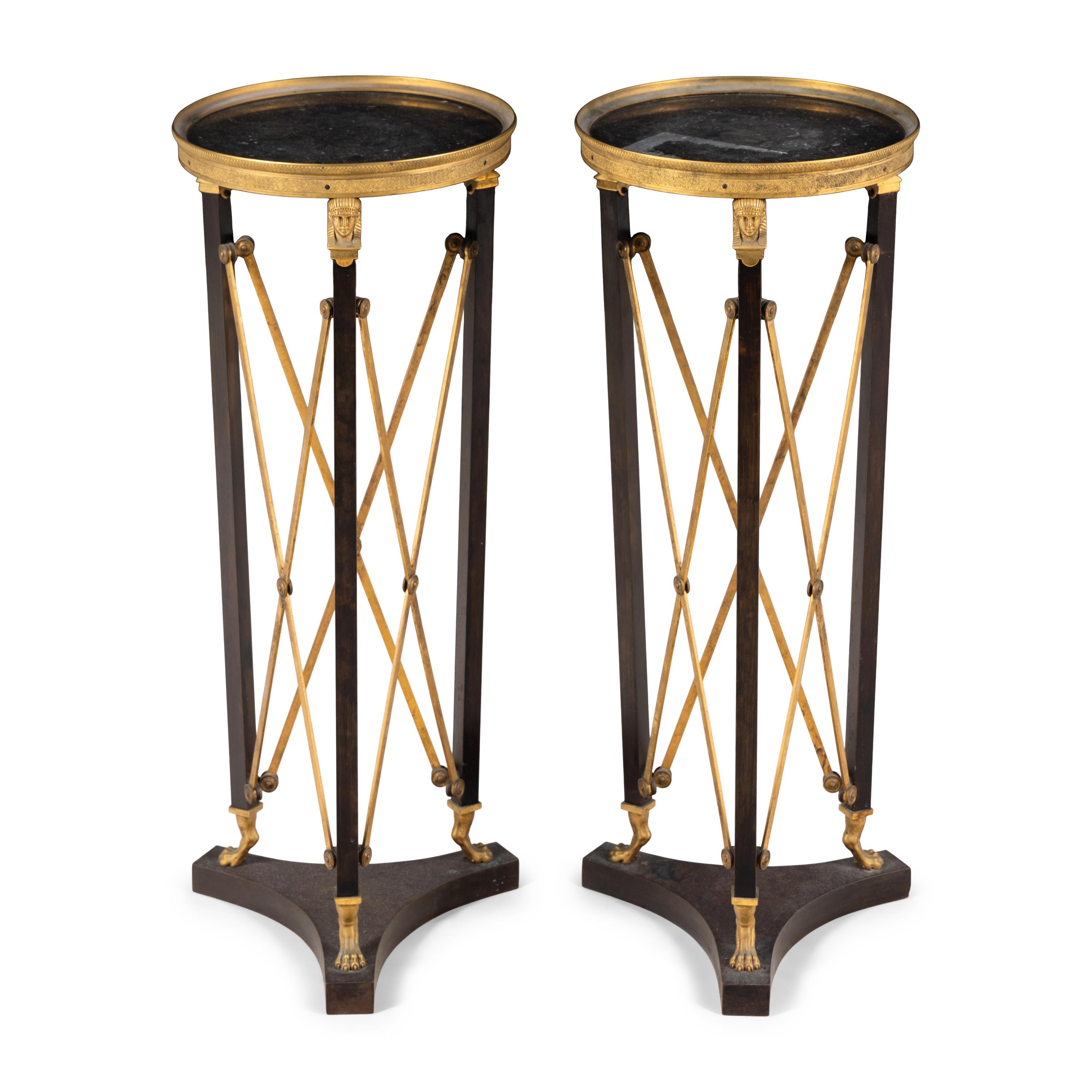 A Pair of Empire Style Gilt Bronze and Steel Marble-Top Side Tables