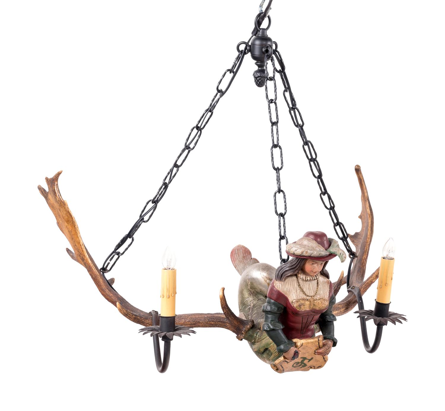 A Black Forest Carved and Polychromed Two-Light Chandelier