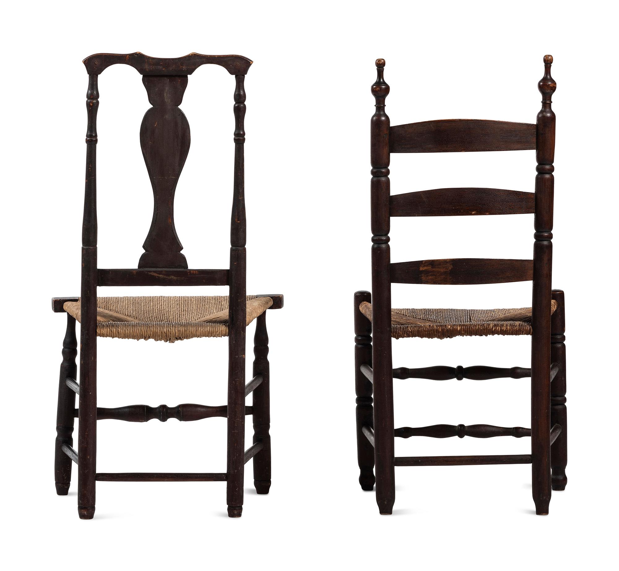 Two Turned and Brown Painted Rush-Seat Side Chairs
