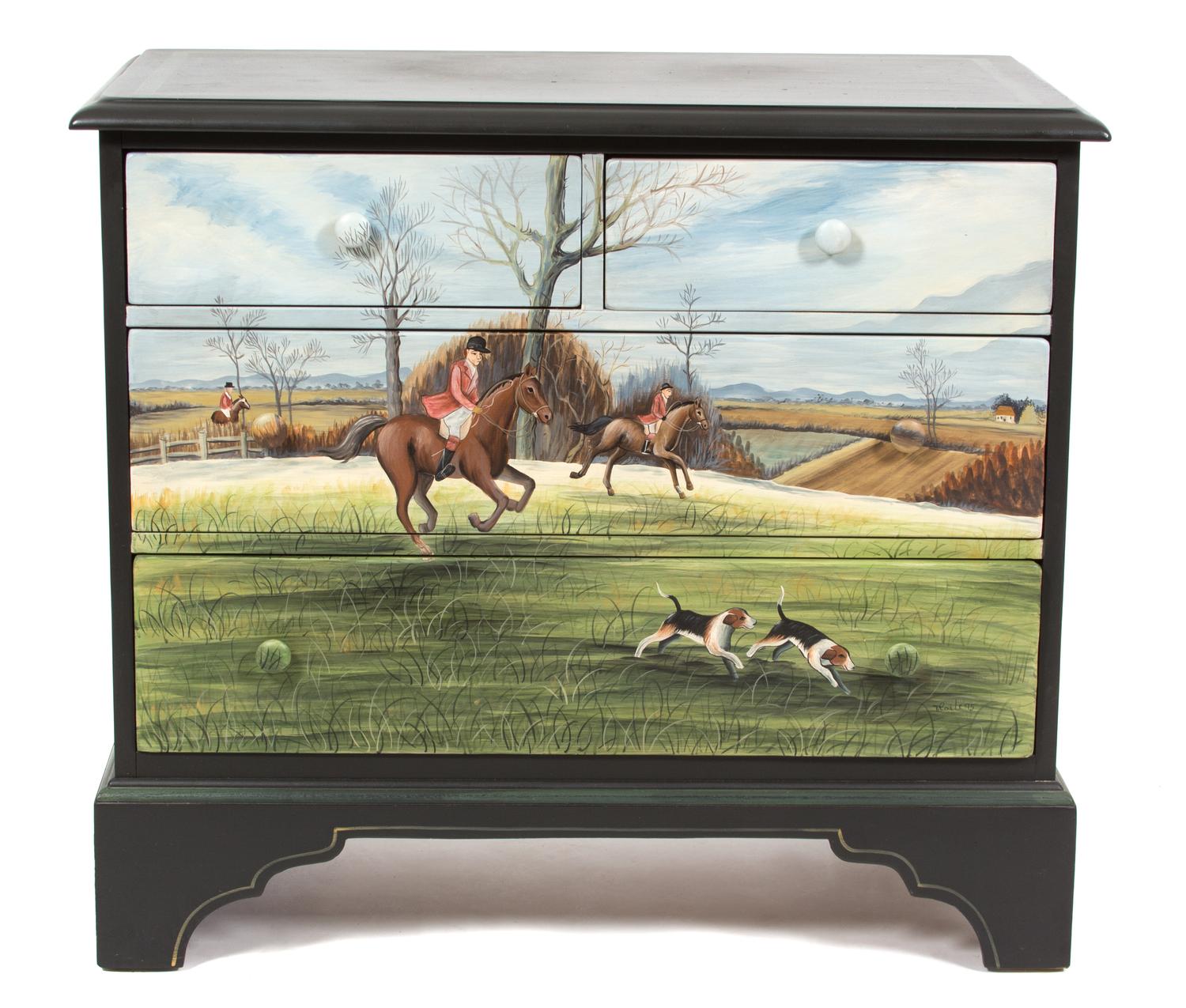 An Equestrian Theme Painted Chest of Drawers Height 32 x width 36 x depth 18 inches. — 20TH CENTURY