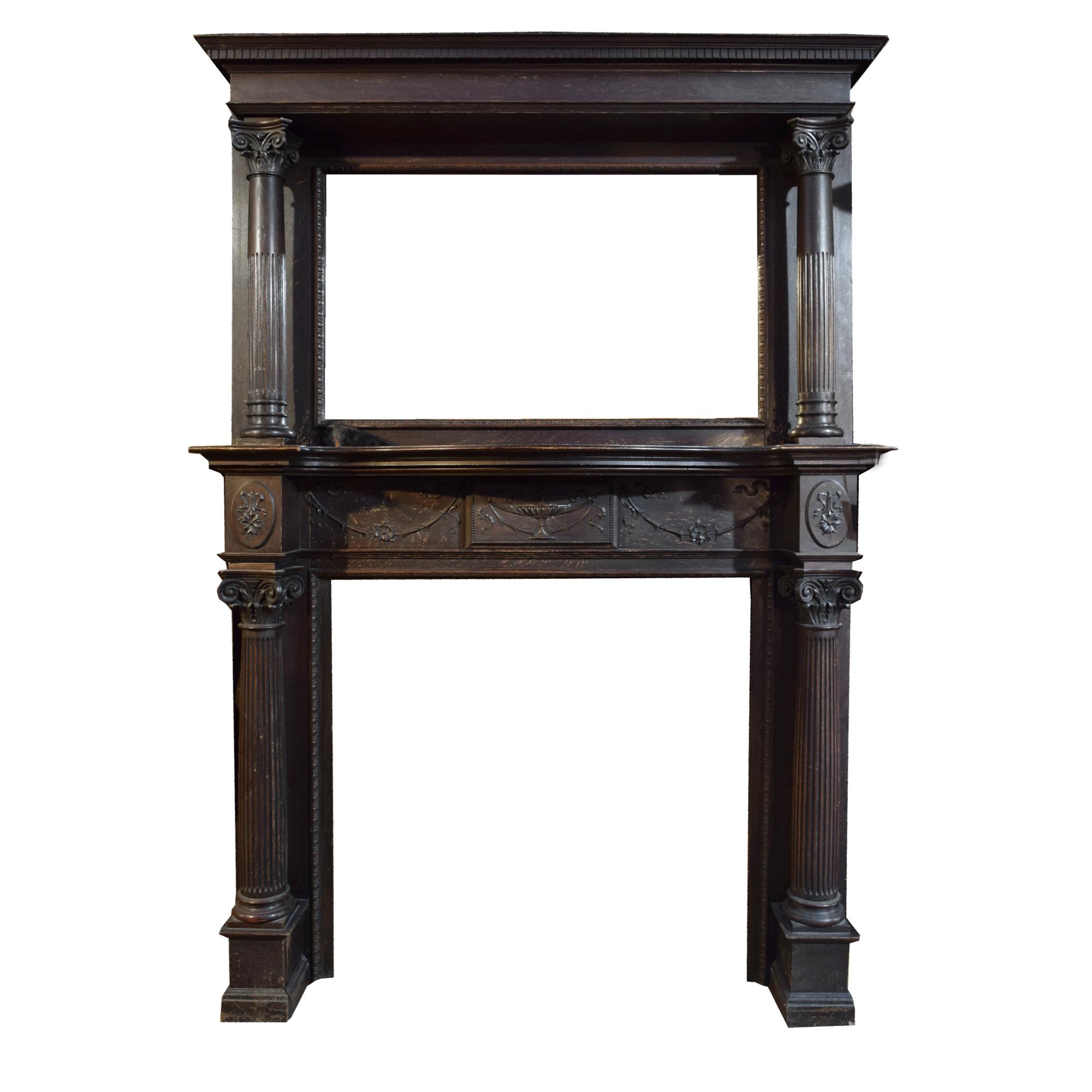 A Full Mantel Heavily Carved with Four Pilasters 60" W x 13" D x 82" H — England, Circa 1880