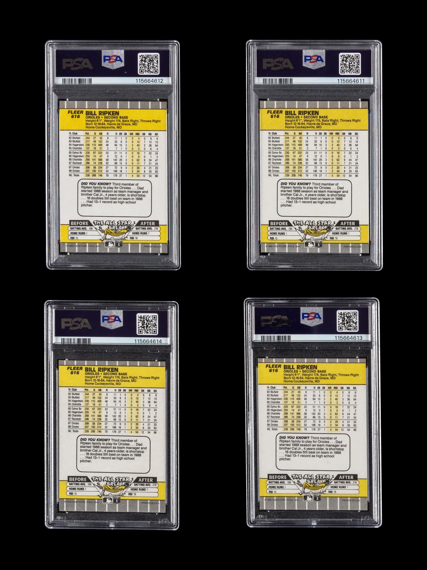 A Collection of 1989 Fleer Billy Ripken FF Error Cards (PSA 9 and PSA 8) and Black Box Over Error Cards (PSA 8 and PSA 7)