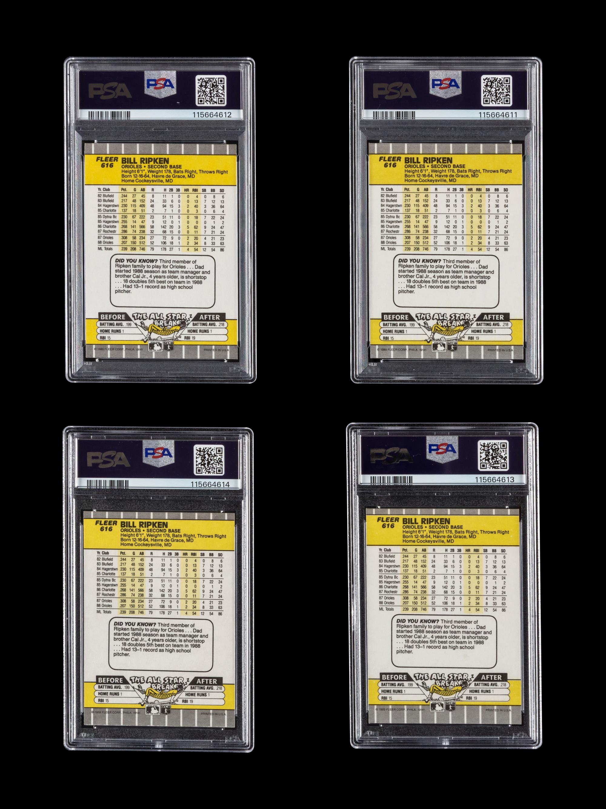 A Collection of 1989 Fleer Billy Ripken FF Error Cards (PSA 9 and PSA 8) and Black Box Over Error Cards (PSA 8 and PSA 7)