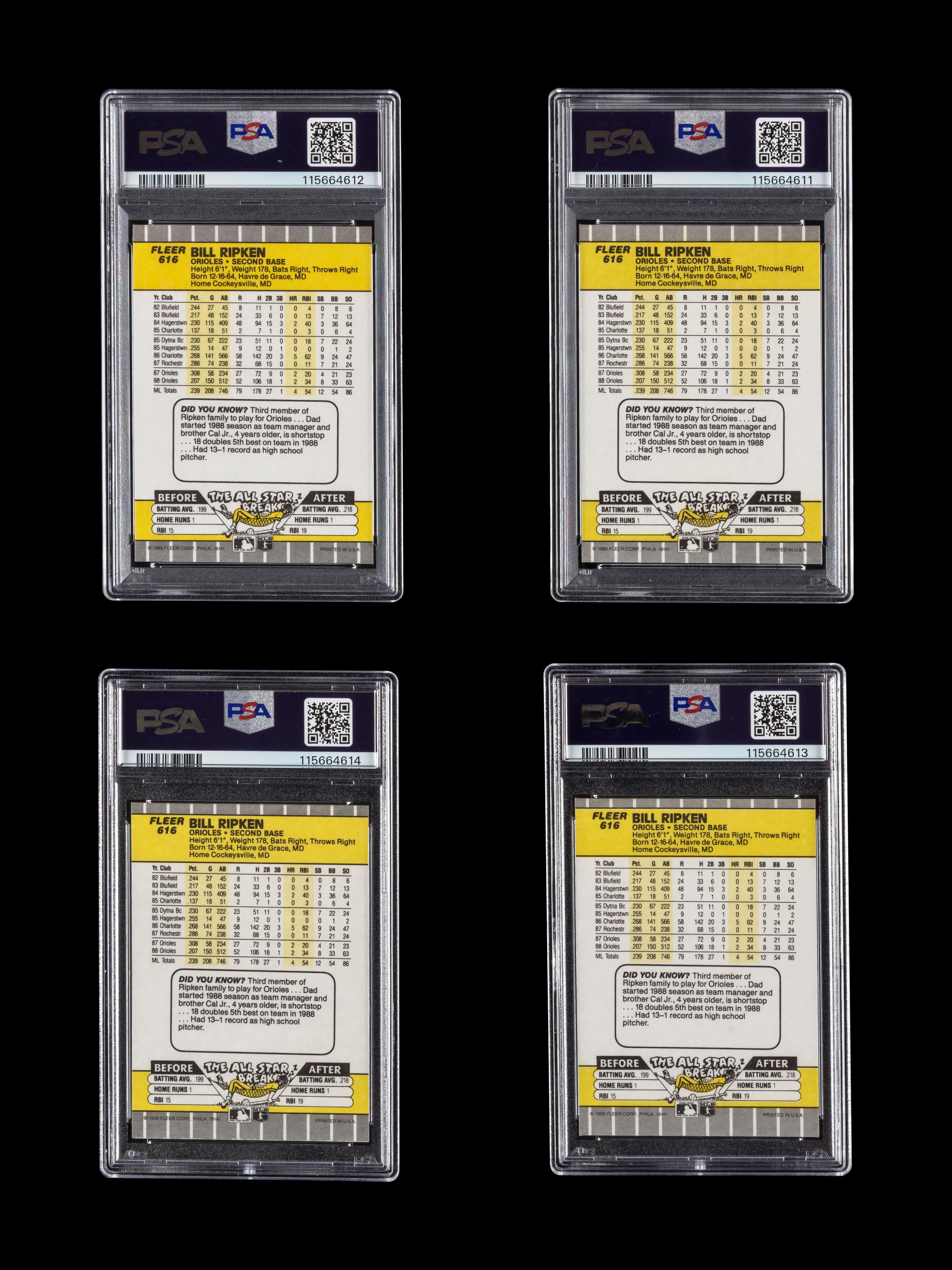 A Collection of 1989 Fleer Billy Ripken FF Error Cards (PSA 9 and PSA 8) and Black Box Over Error Cards (PSA 8 and PSA 7)