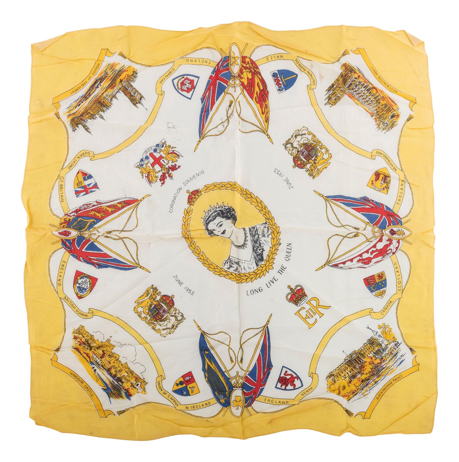 [ROYALTY]. Two scarves from Queen Elizabeth II coronation, comprising: