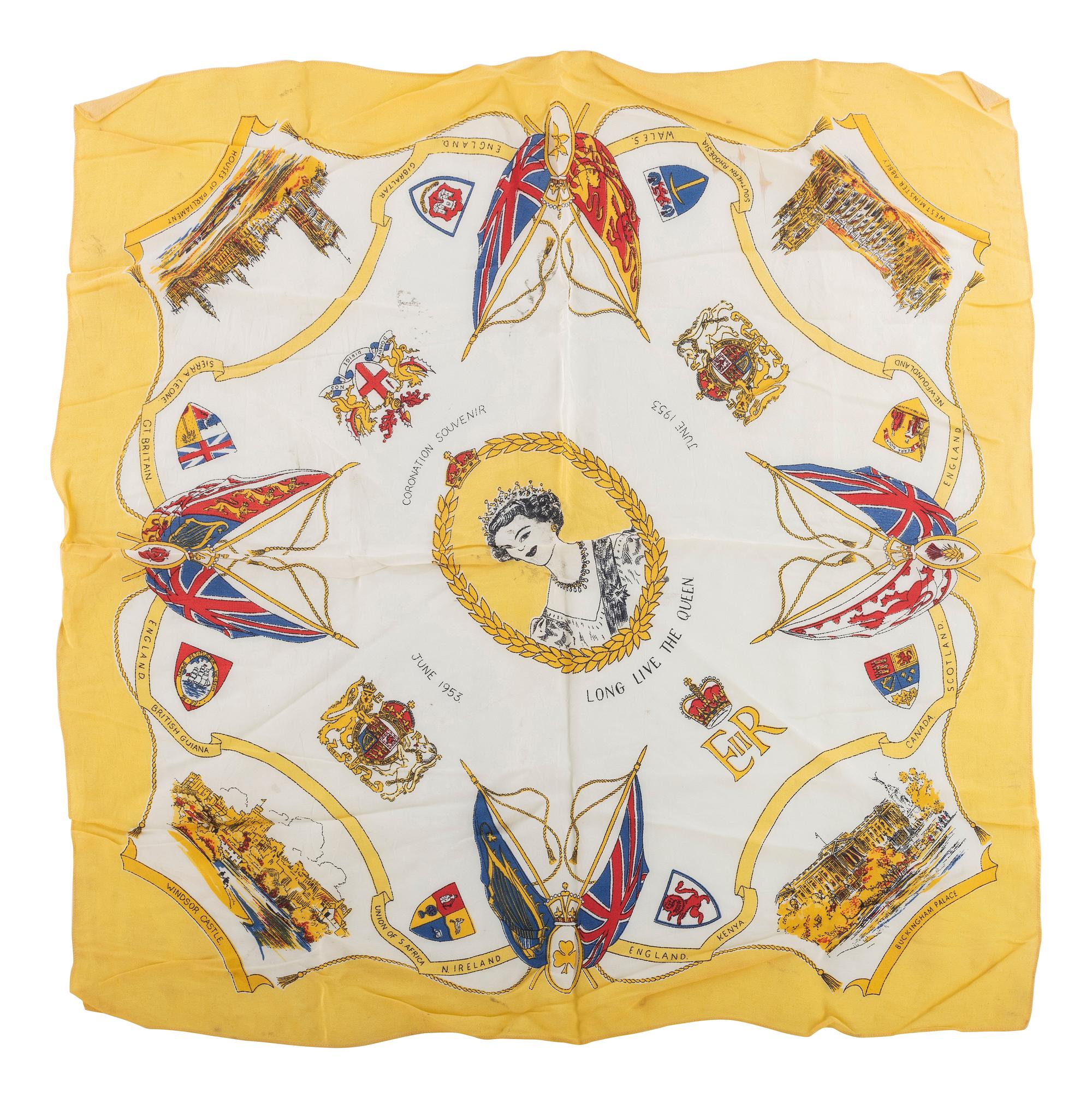 [ROYALTY]. Two scarves from Queen Elizabeth II coronation, comprising: