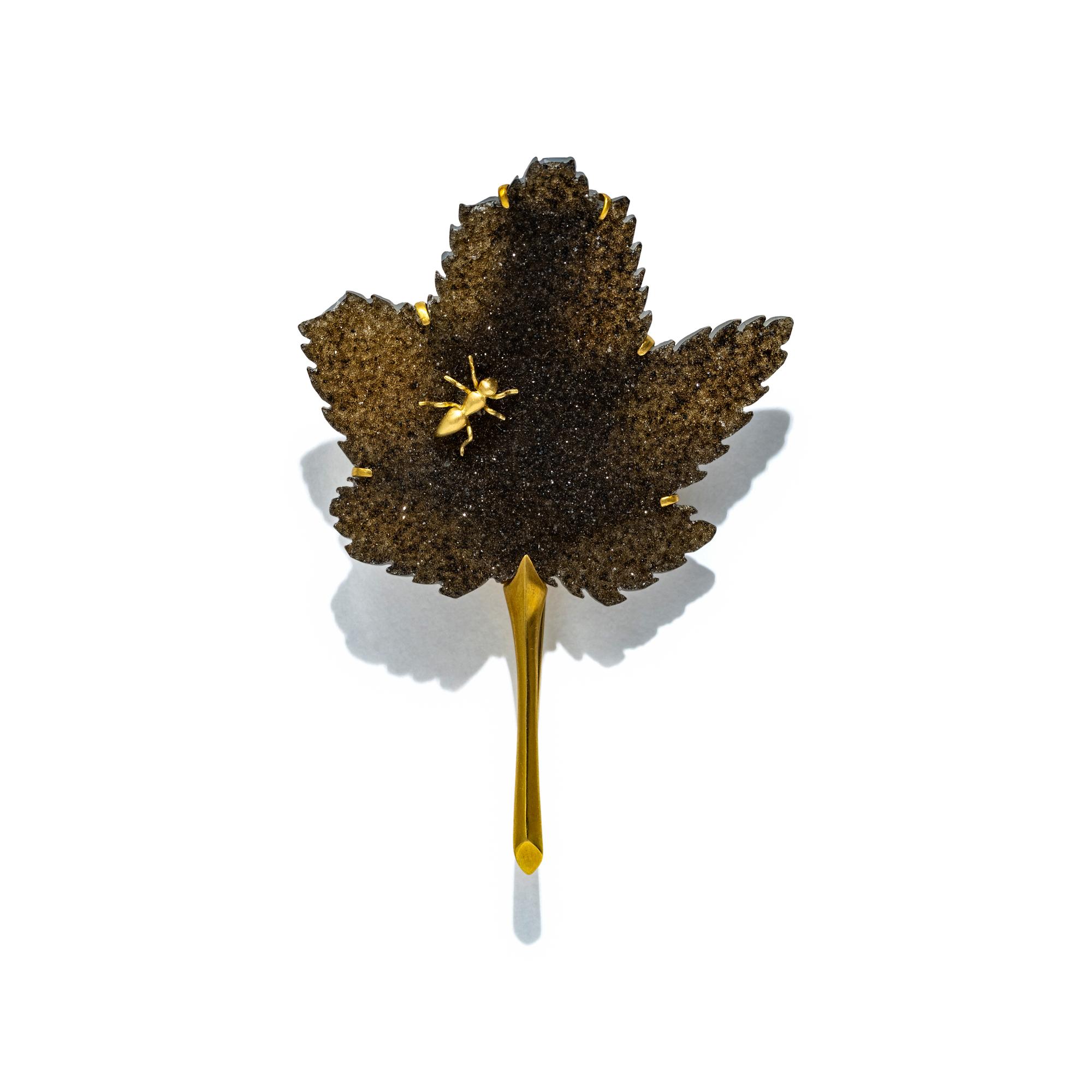 GABRIELLA KISS, YELLOW GOLD AND DRUZY QUARTZ LEAF WITH ANT BROOCH