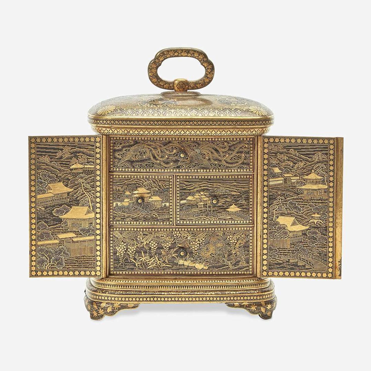 A Japanese gold-inlaid iron miniature cabinet, Komai workshops, Kyoto Meiji period