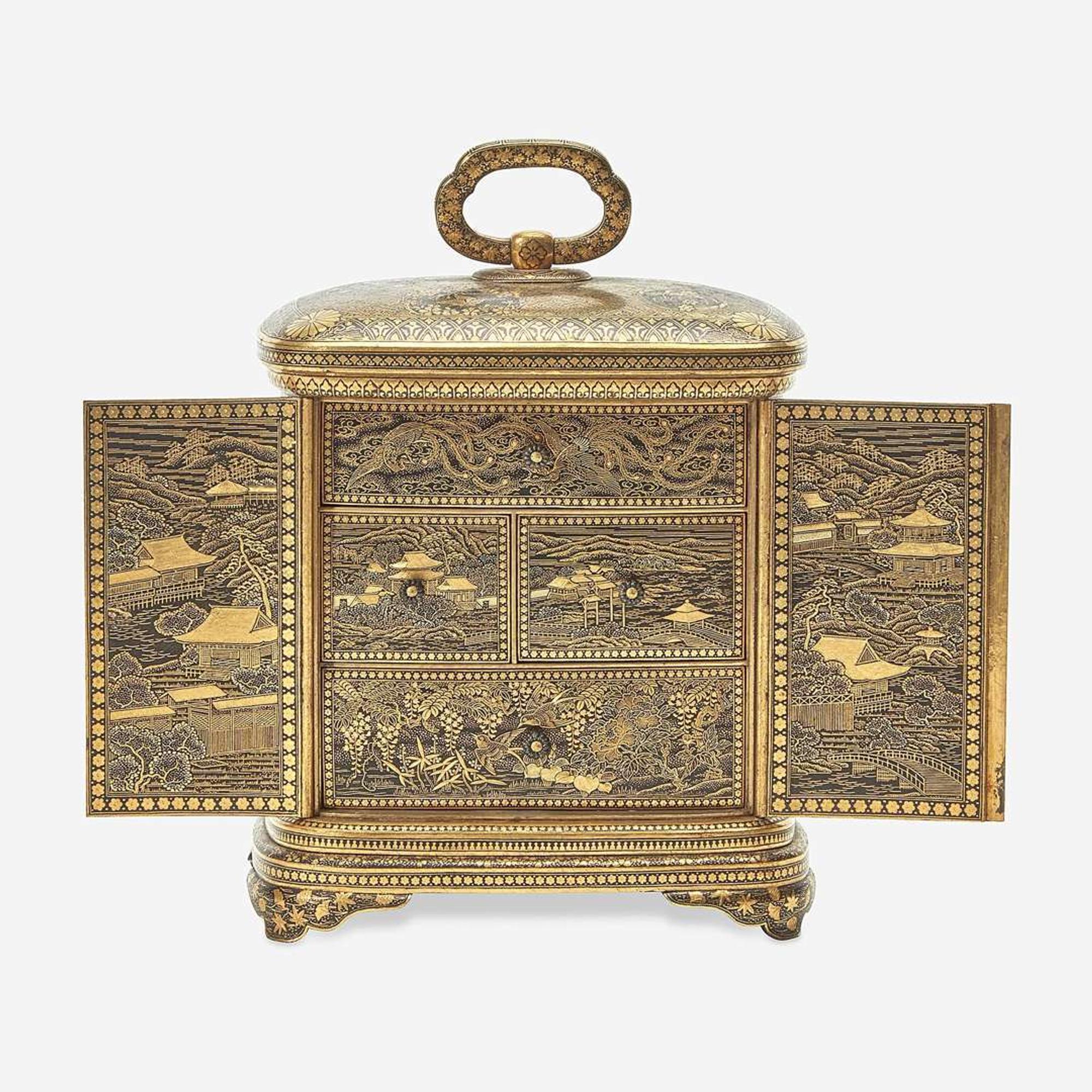 A Japanese gold-inlaid iron miniature cabinet, Komai workshops, Kyoto Meiji period