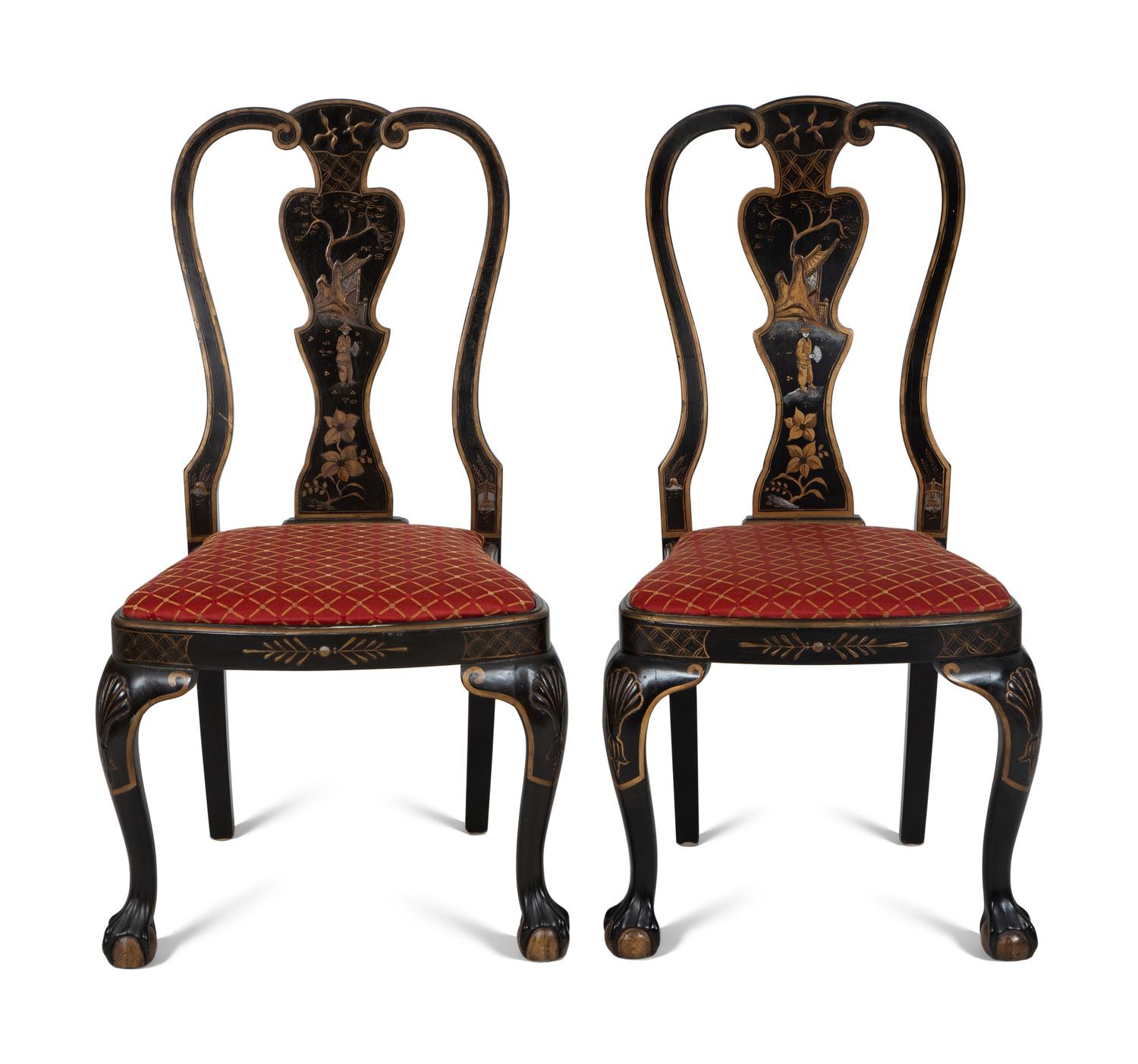 A Set of Eight George II Style Black and Gilt Japanned Dining Chairs