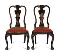 A Set of Eight George II Style Black and Gilt Japanned Dining Chairs