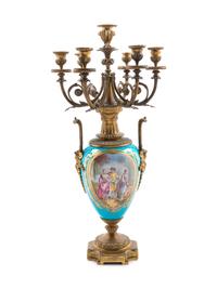 A Sèvres Style Gilt Bronze Mounted Painted and Parcel Gilt Celeste-Blue Ground Porcelain Seven-Light Candelabrum