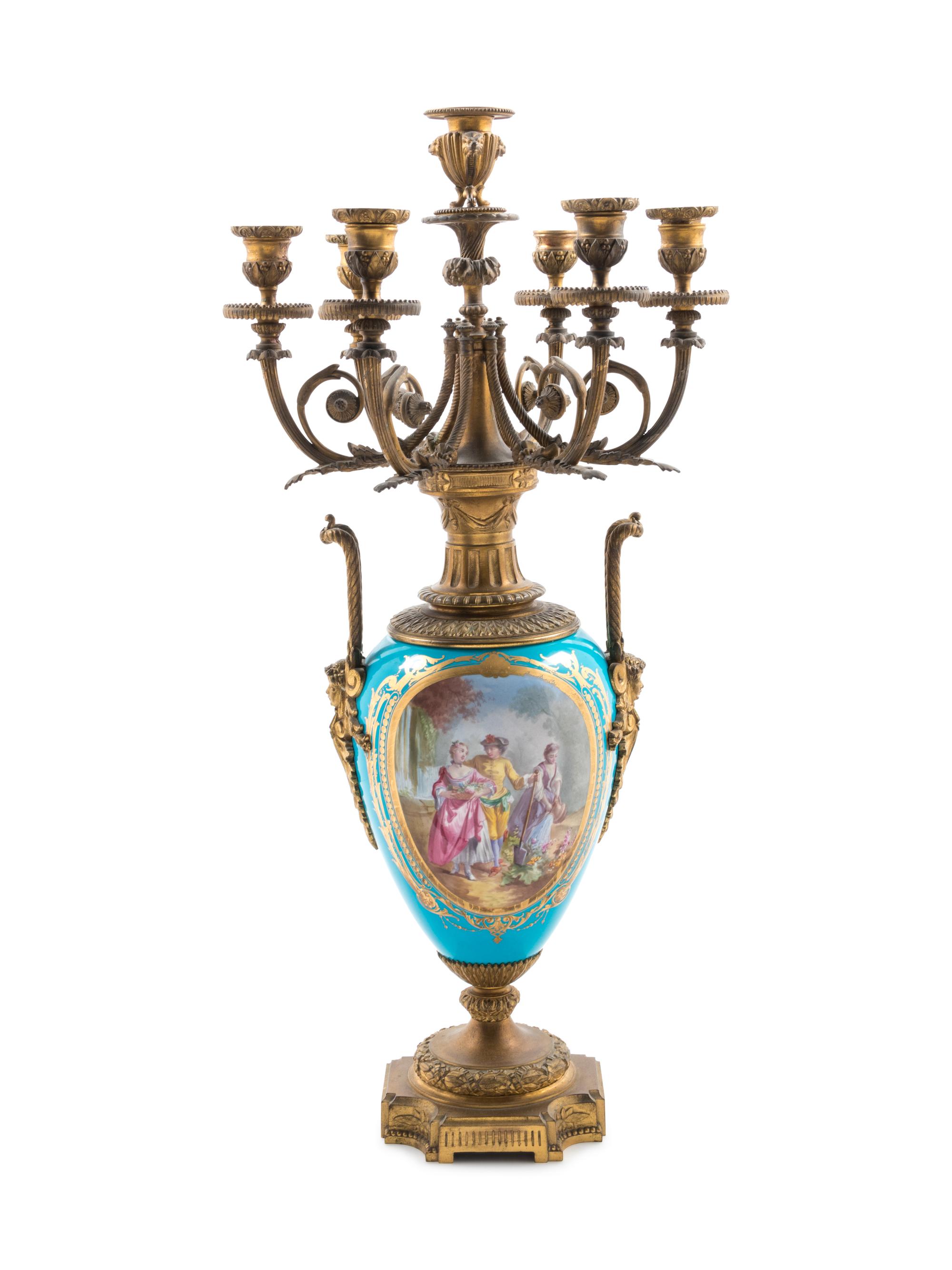A Sèvres Style Gilt Bronze Mounted Painted and Parcel Gilt Celeste-Blue Ground Porcelain Seven-Light Candelabrum