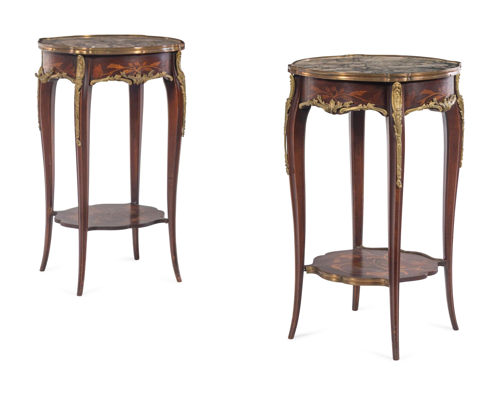 A Pair of Louis XV Style Gilt Bronze Mounted Marquetry Marble-Top Side Tables