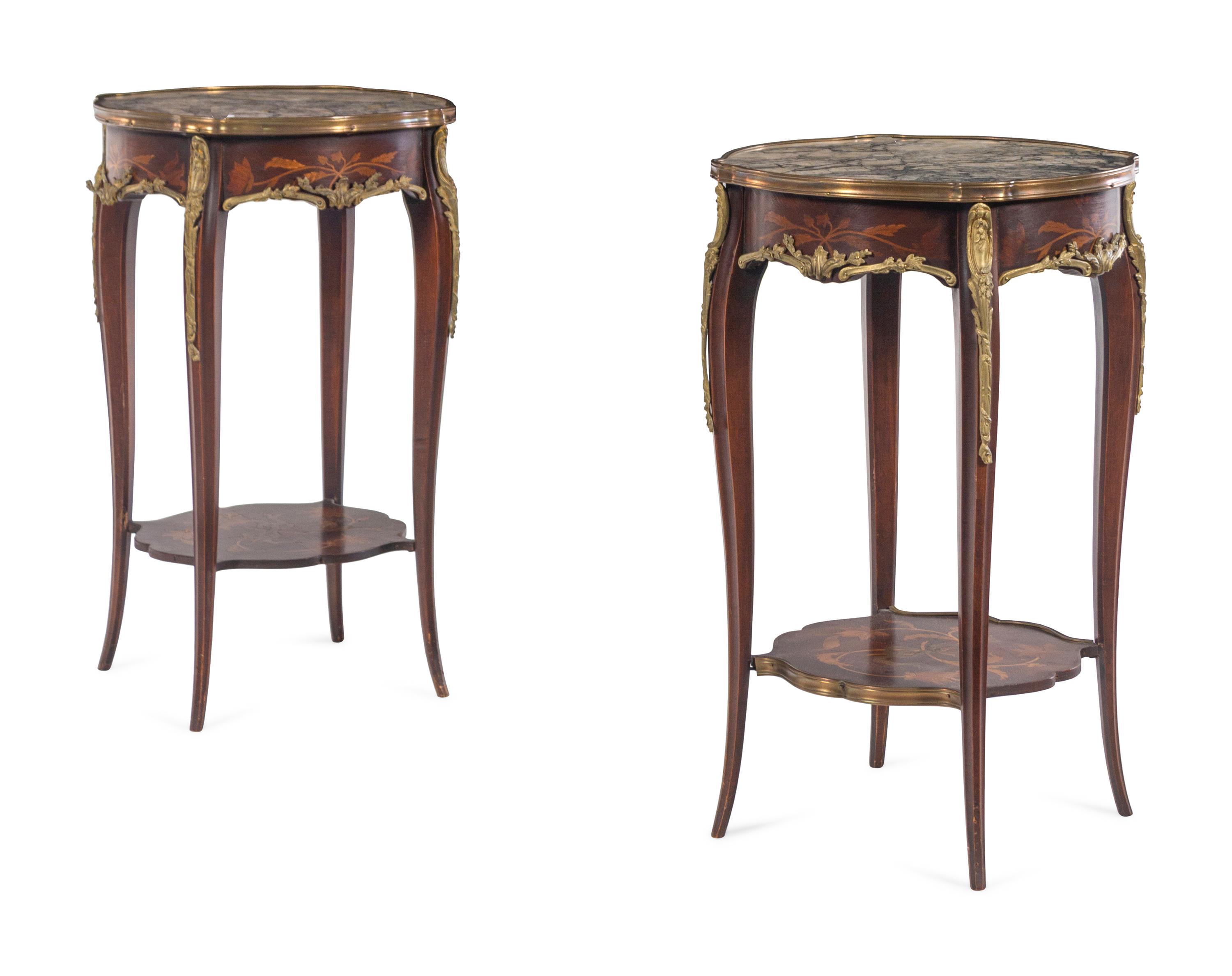 A Pair of Louis XV Style Gilt Bronze Mounted Marquetry Marble-Top Side Tables