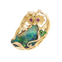 YELLOW GOLD, BOULDER OPAL, GEMSTONE AND DIAMOND OWL BROOCH
