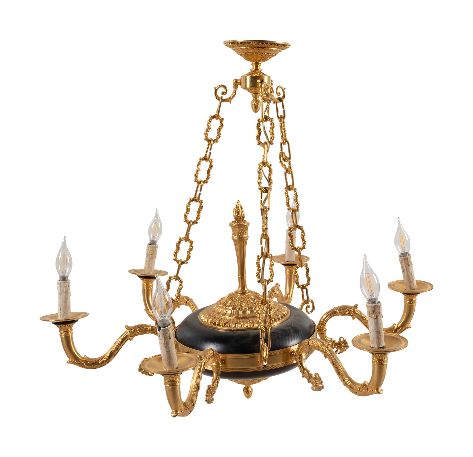 An Empire Style Gilt Bronze Six-Light Chandelier