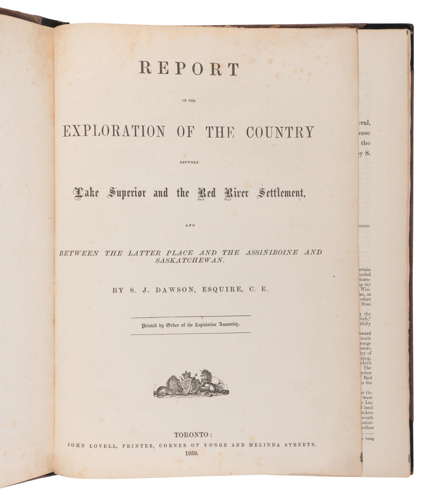 [AMERICANA]. DAWSON, S.J. Report on the Exploration of the Country Between Lake Superior and the Red River Settlement . Toronto: John Lovell, 1859.