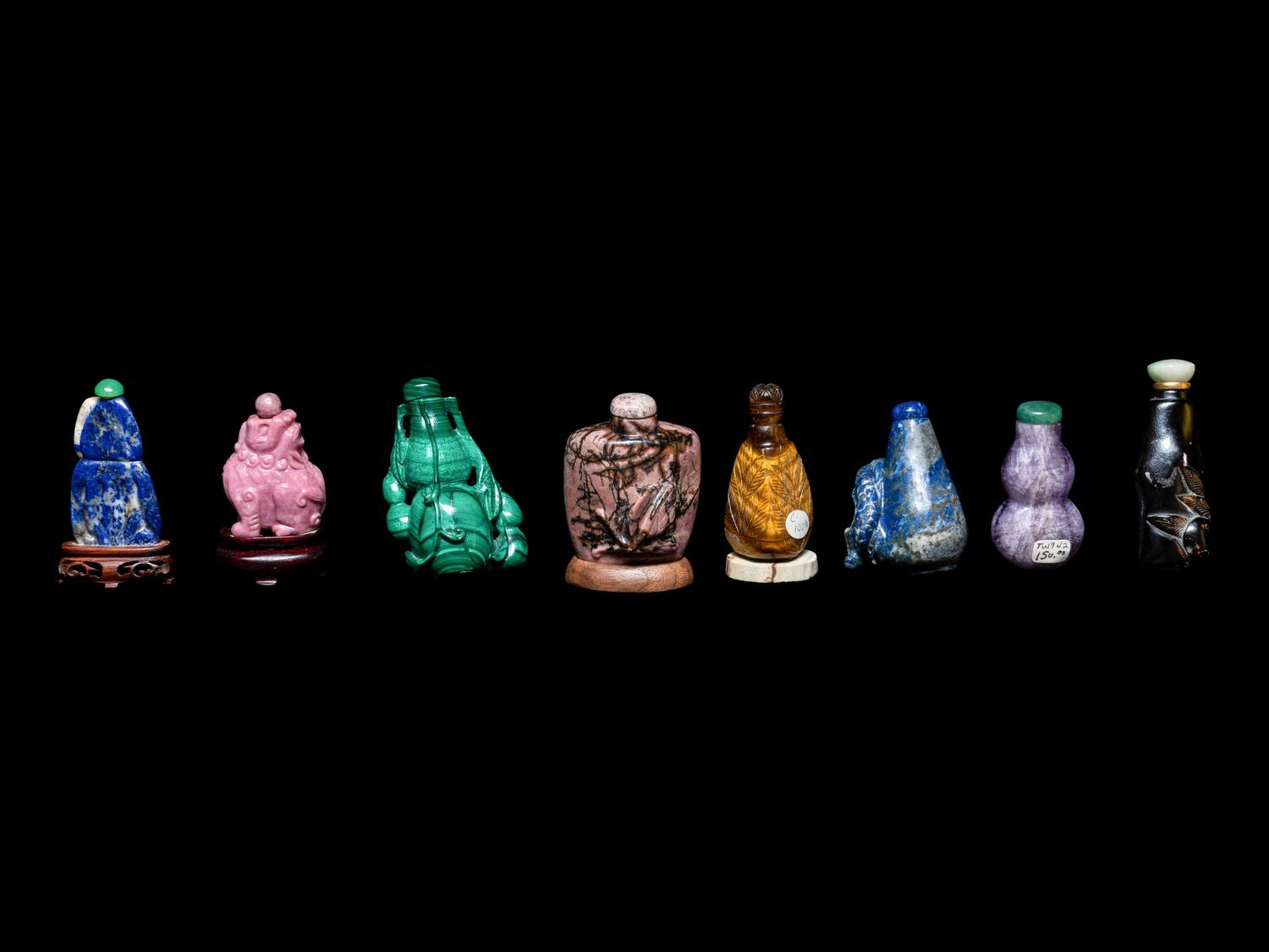 Eight Chinese Precious Stone and Lacquered Snuff Bottles