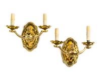 A Pair of Two-Light Gilt Metal Sconces Width 11 3/4 inches.
