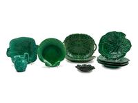 Ten English Molded and Green-Glazed Majolica Dishes