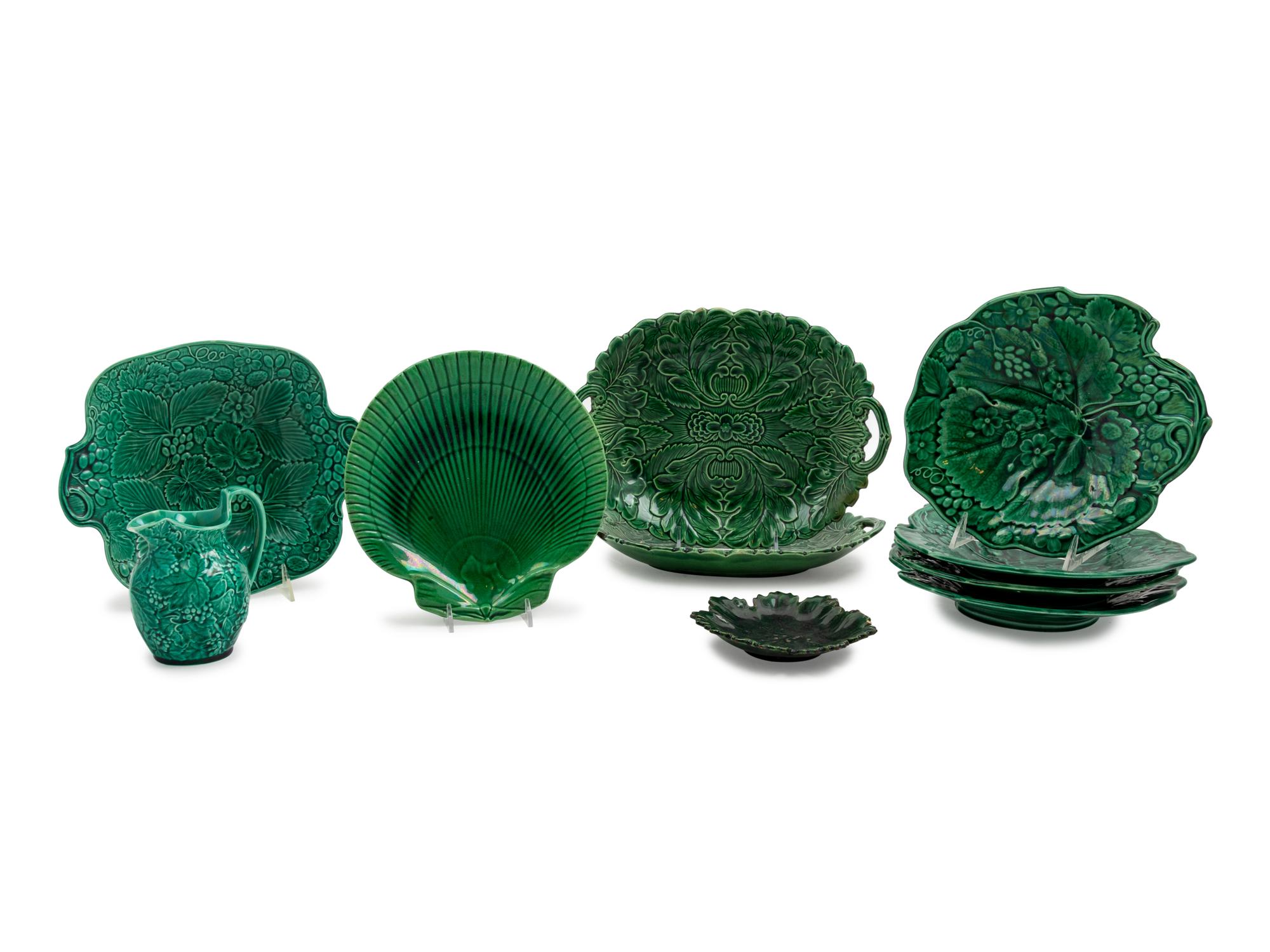 Ten English Molded and Green-Glazed Majolica Dishes