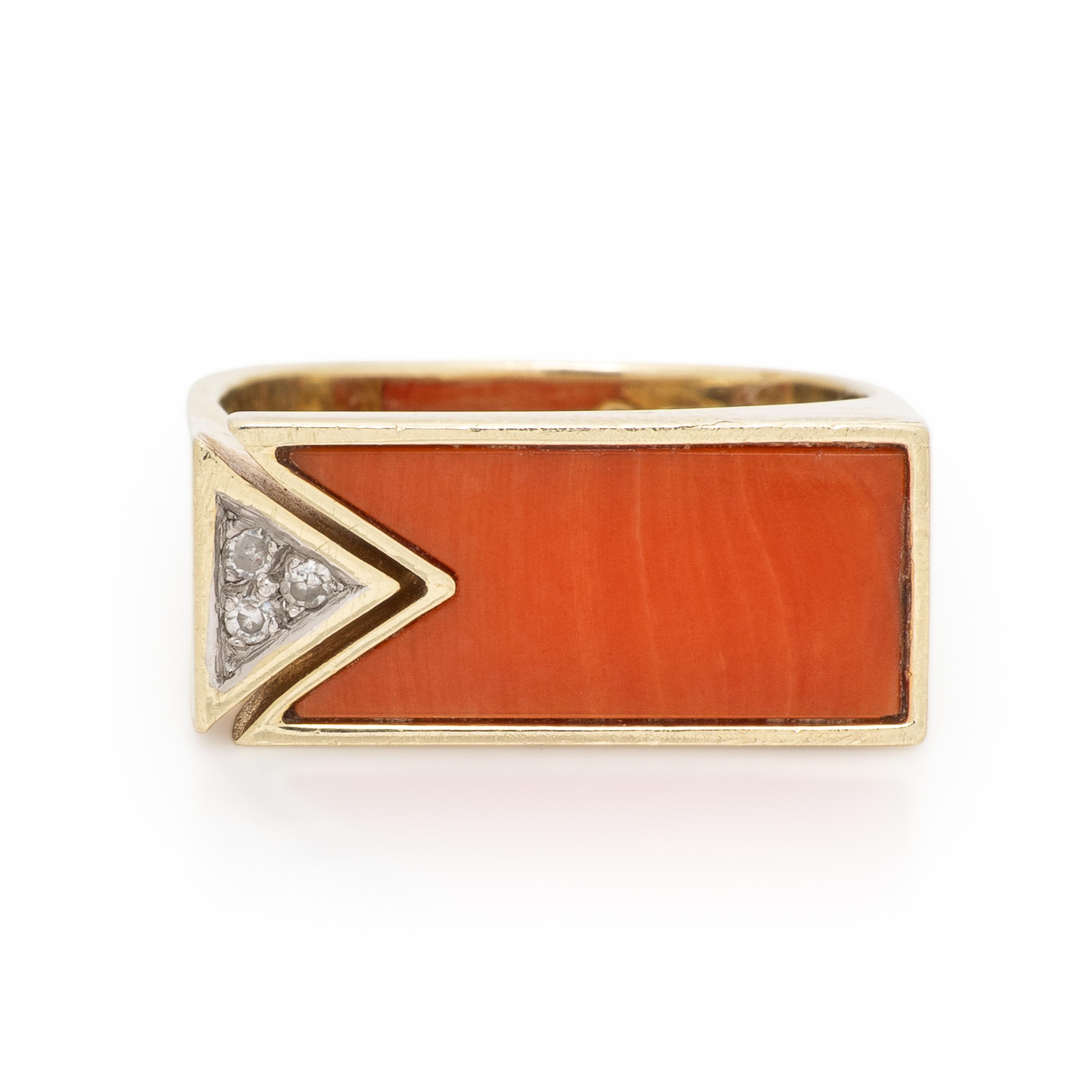 Coral, Diamond, and Yellow Gold Ring