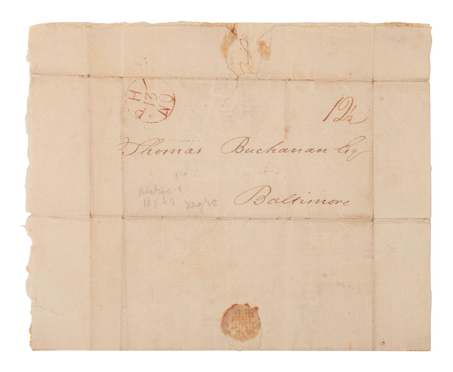 [ENSLAVEMENT]. Letter from Philadelphia regarding the return of a possible runaway slave. 1810.