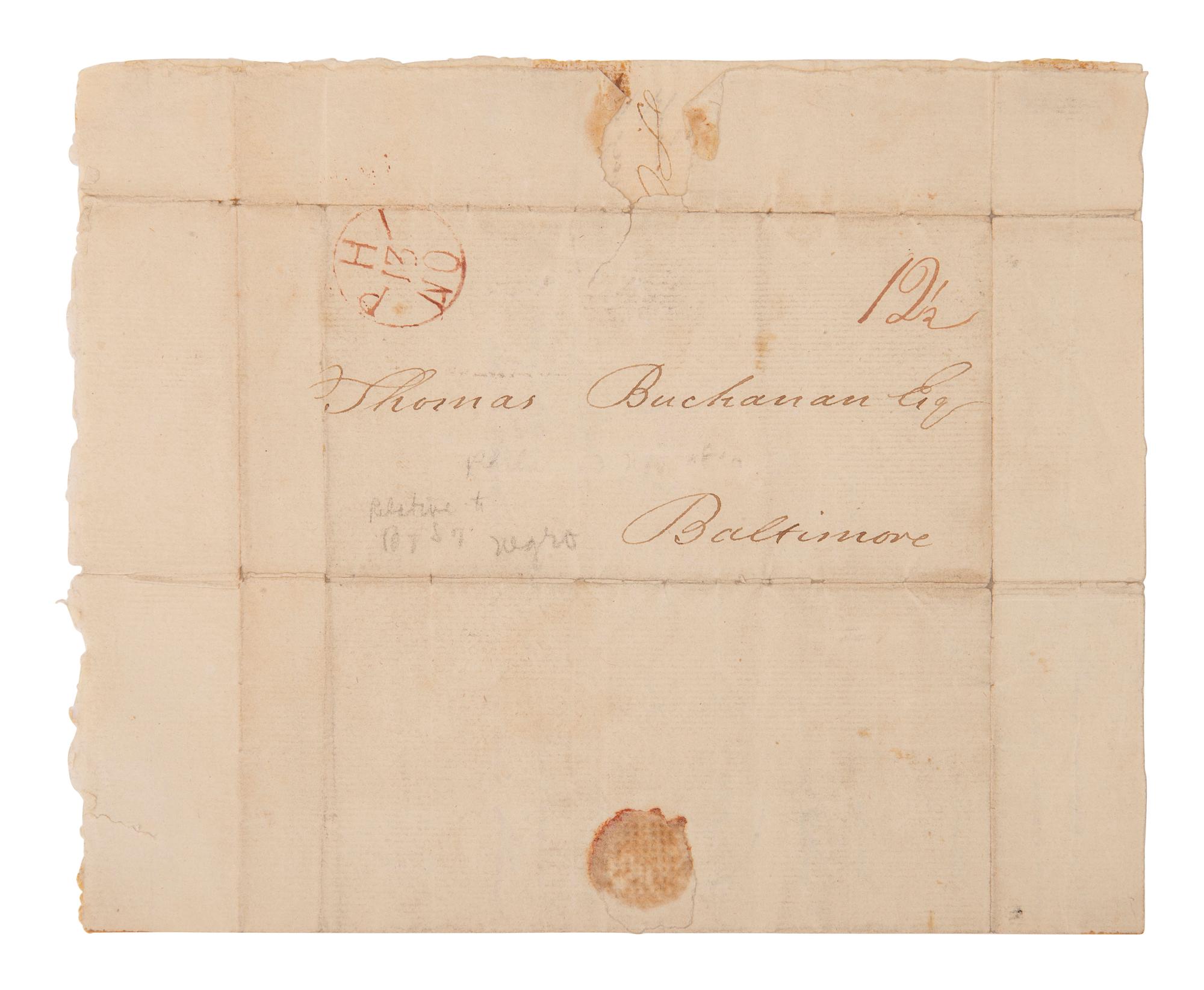 [ENSLAVEMENT]. Letter from Philadelphia regarding the return of a possible runaway slave. 1810.
