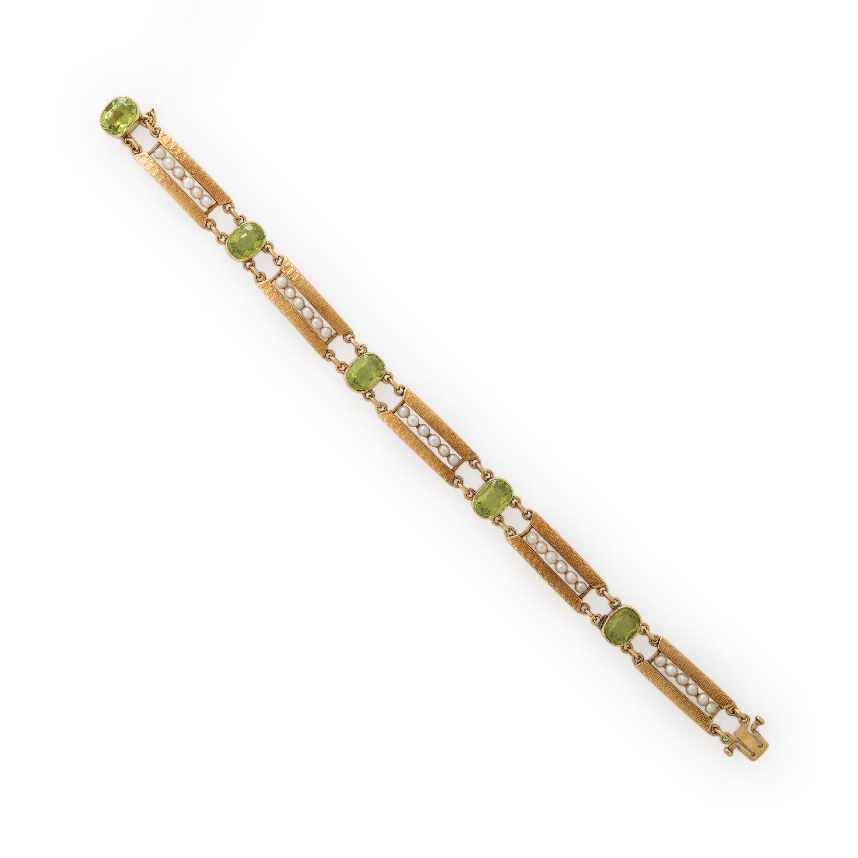 Peridot, Seed Pearl, and Yellow Gold Bracelet