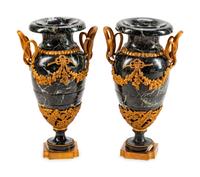 Pair of Louis XVI Style Gilt-Bronze-Mounted Green Marble Urns — 19TH CENTURY