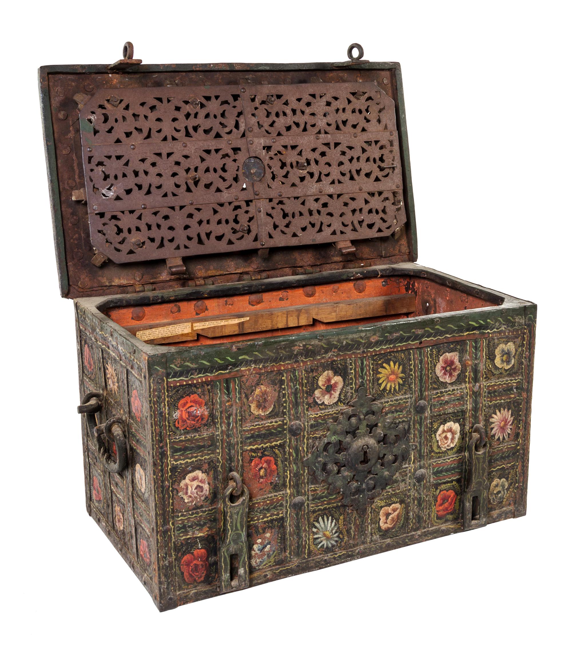A Continental Polychrome Decorated Iron Strong Box