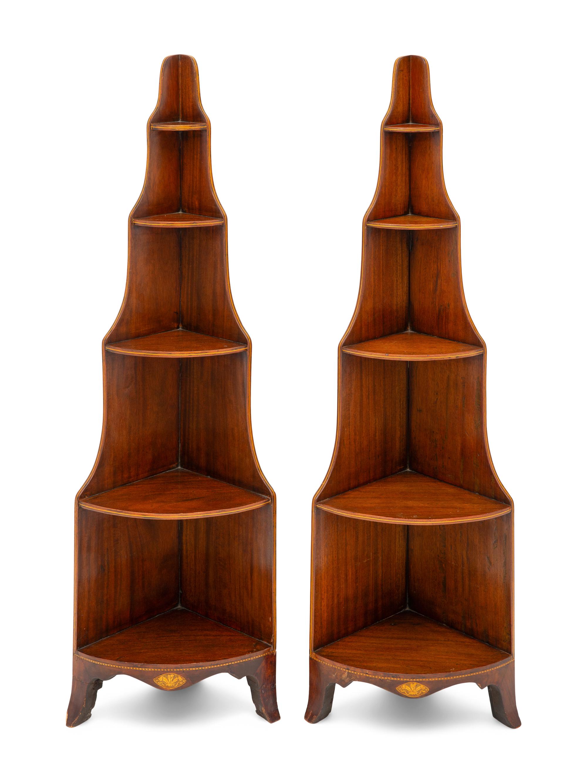 A Pair of Regency String-Inlaid Mahogany Corner Étagères