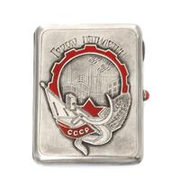 A Soviet Russian Silver and Enamel Cigarette Case, Maker's mark Cyrillic AB, Moscow, 20th century, the lid decorated with applied symbo