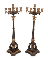 A Pair of French Neoclassical Gilt and Patinated Bronze Seven-Light Candelabra