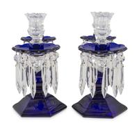 A Pair of Cobalt and Clear Molded Glass Two-Light Candelabra