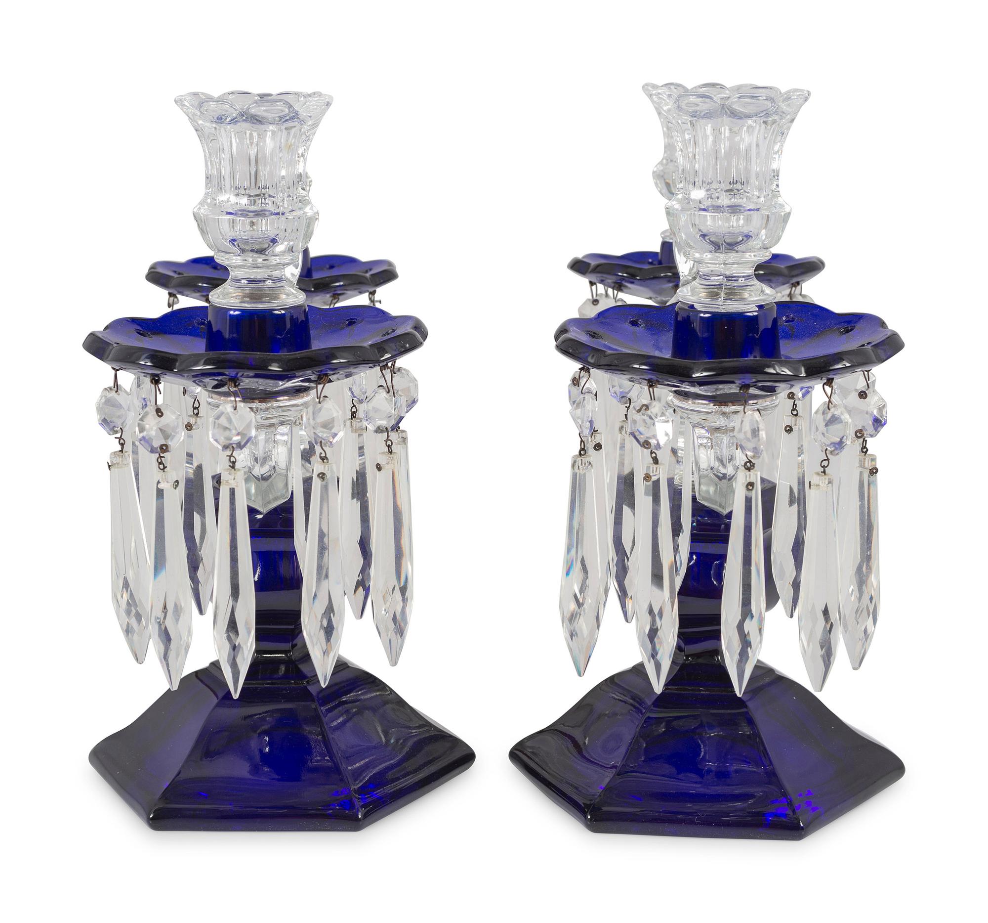 A Pair of Cobalt and Clear Molded Glass Two-Light Candelabra