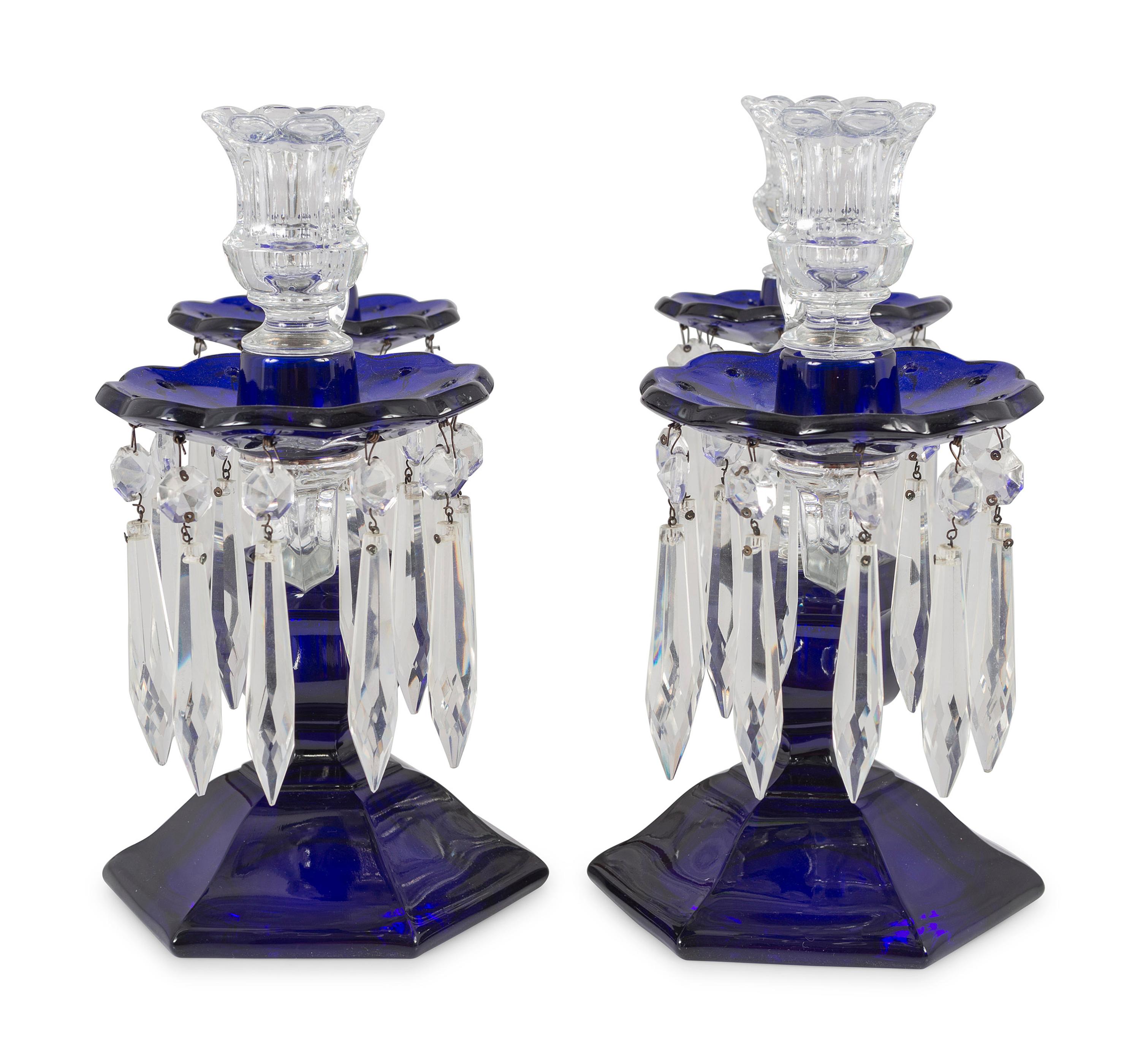 A Pair of Cobalt and Clear Molded Glass Two-Light Candelabra