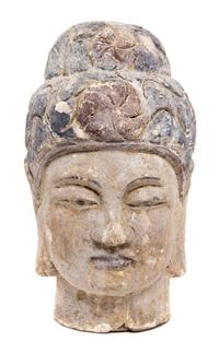 A Painted Wood Head of Buddha Height 14 inches.