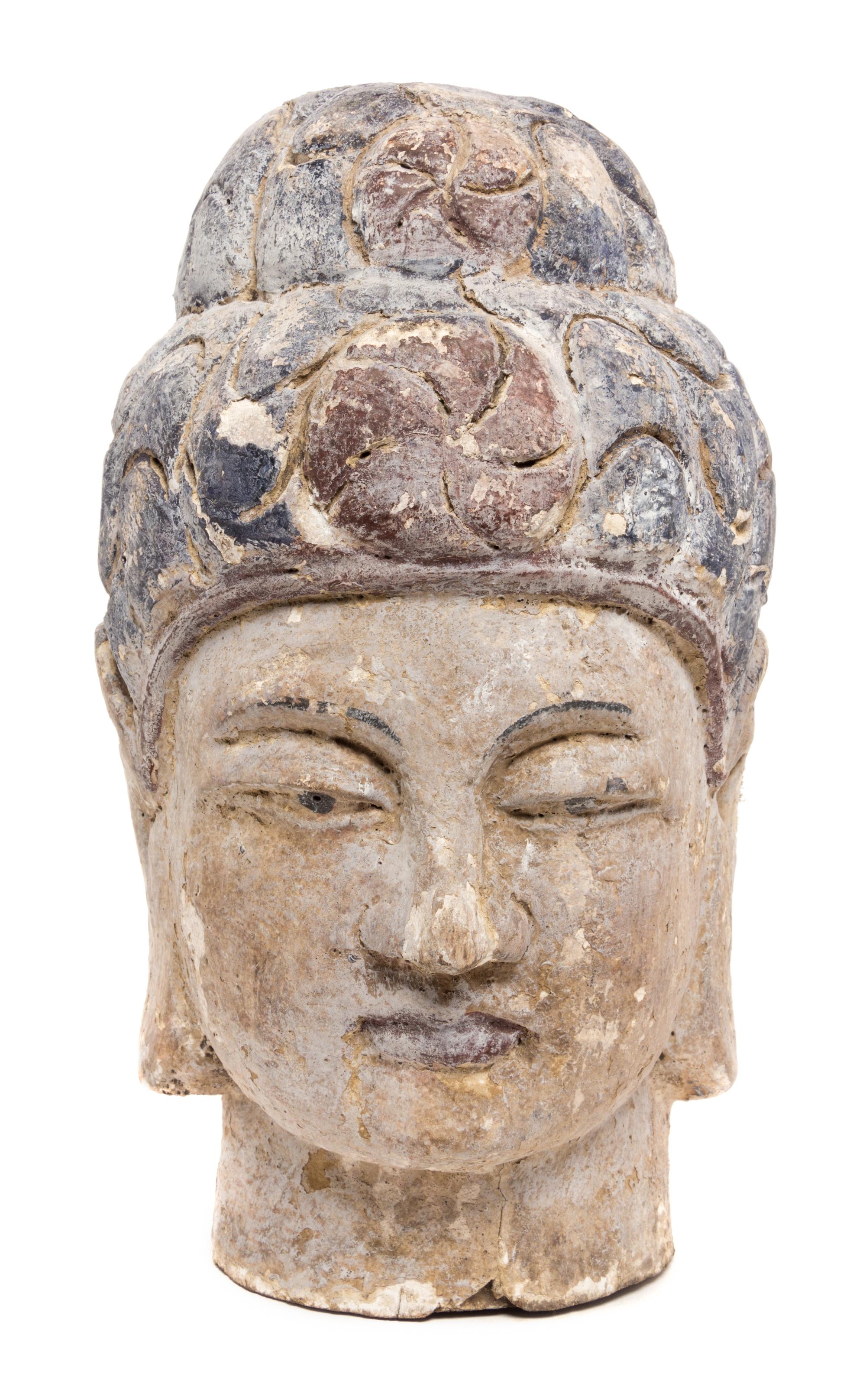 A Painted Wood Head of Buddha Height 14 inches.