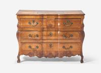 A Louis XV Provincial Carved Fruitwood Serpentine and Paneled-Top Bombé Commode