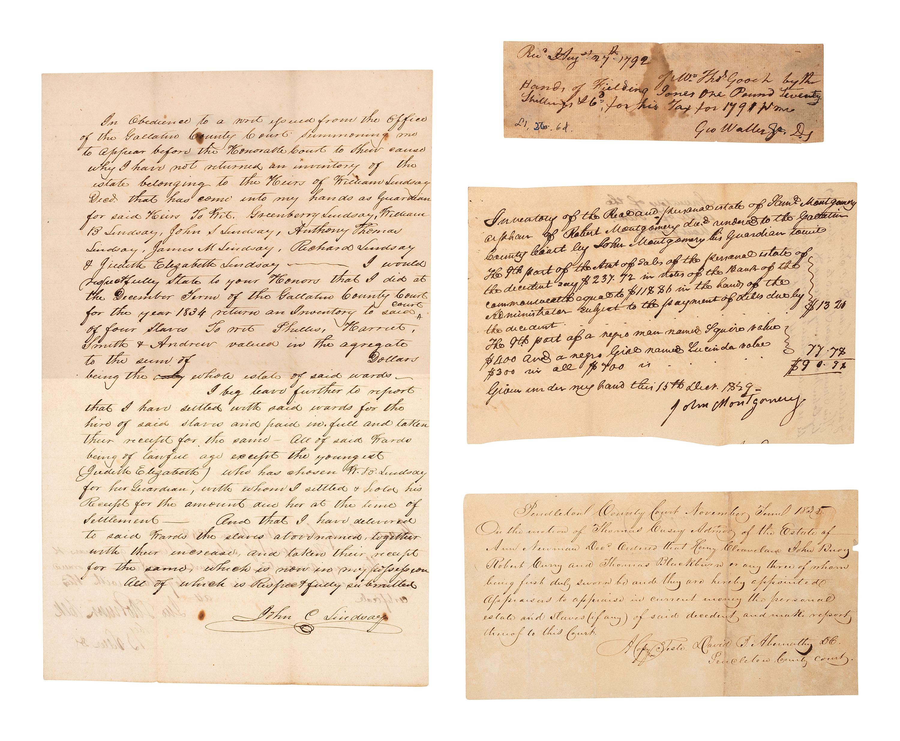 [ENSLAVEMENT & ABOLITION]. 4 documents related to enslaved persons, most from Kentucky.