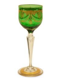 Eleven Bohemian Gilt Decorated Green Glass Clear Stemmed Wines — 19th/20th Century