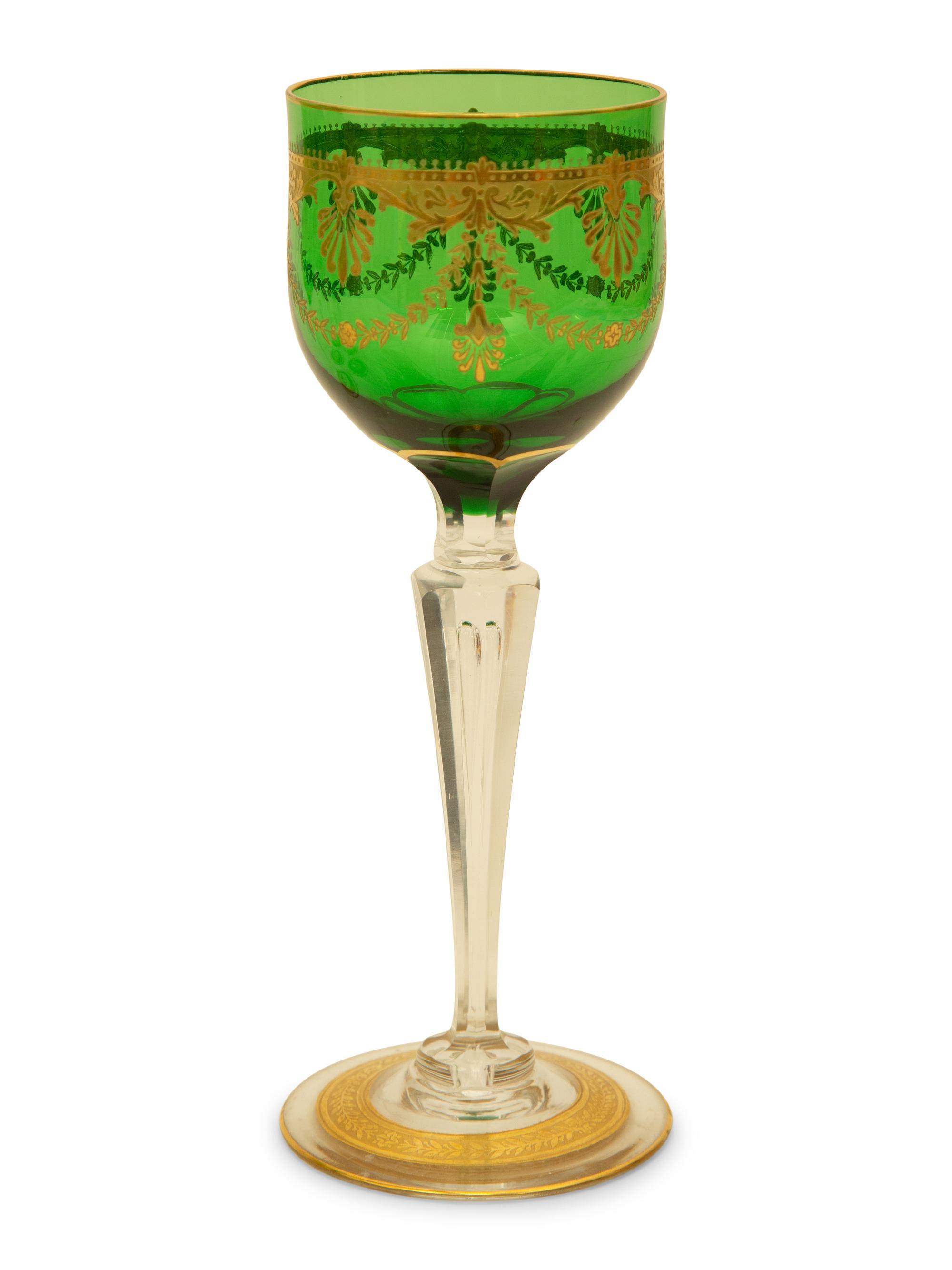Eleven Bohemian Gilt Decorated Green Glass Clear Stemmed Wines — 19th/20th Century