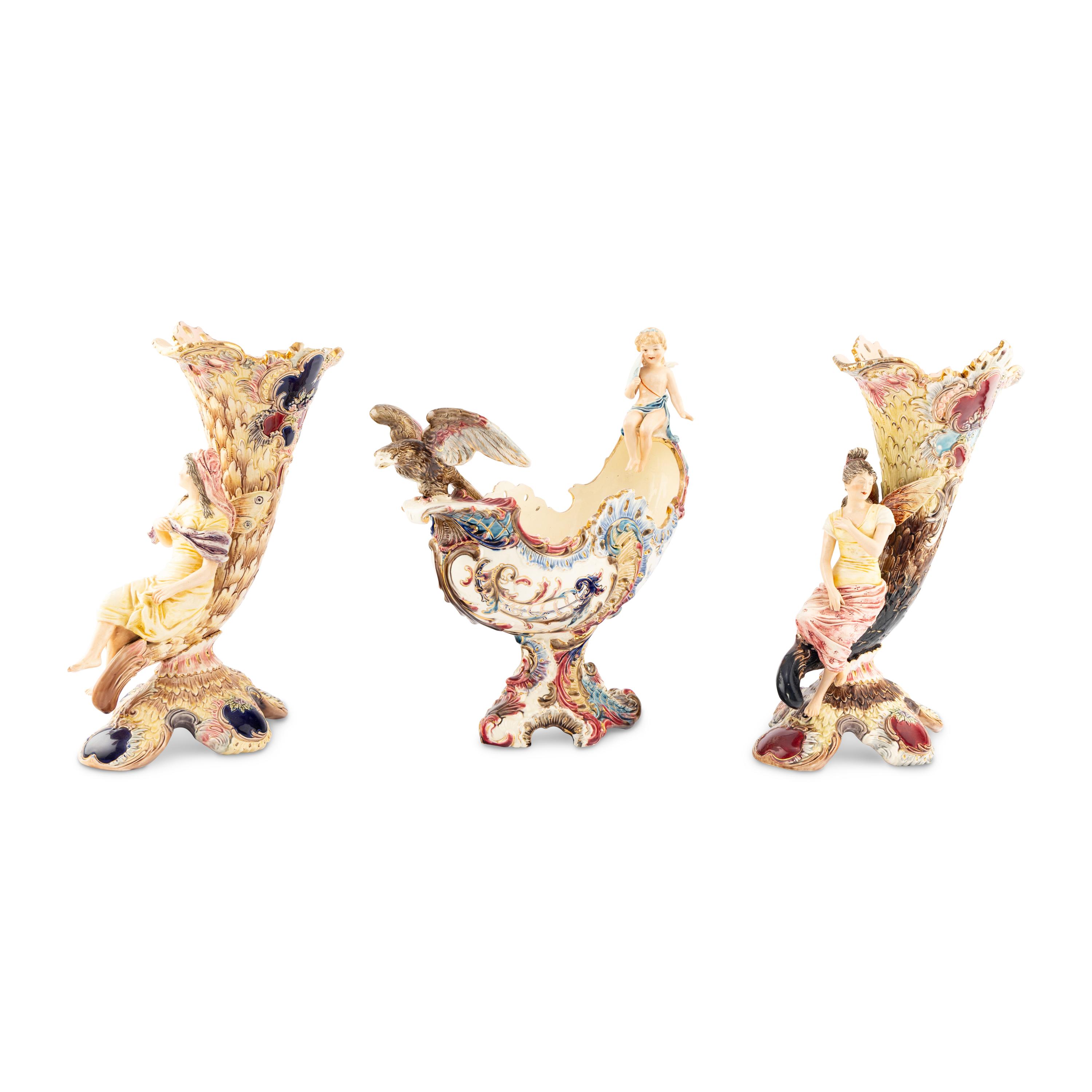 An Assembled Eichwald Polychrome-Glazed Earthenware Vase Garniture