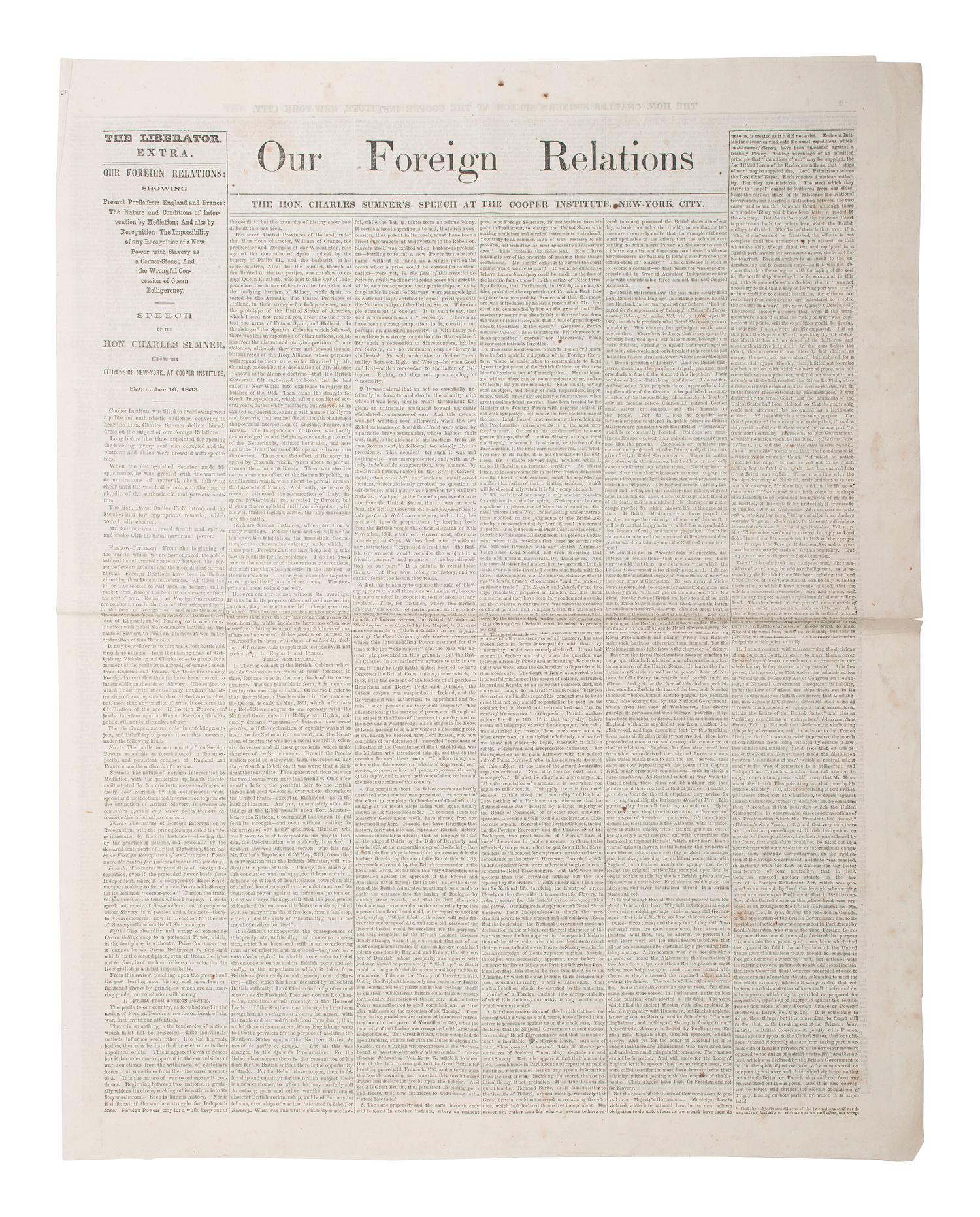 [SLAVERY & ABOLITION]. A group of 4 anti-slavery newspapers highlighted by The Liberator Extra featuring a printing of Charles Sumner's 1863 speech at Cooper Institute, comprising: