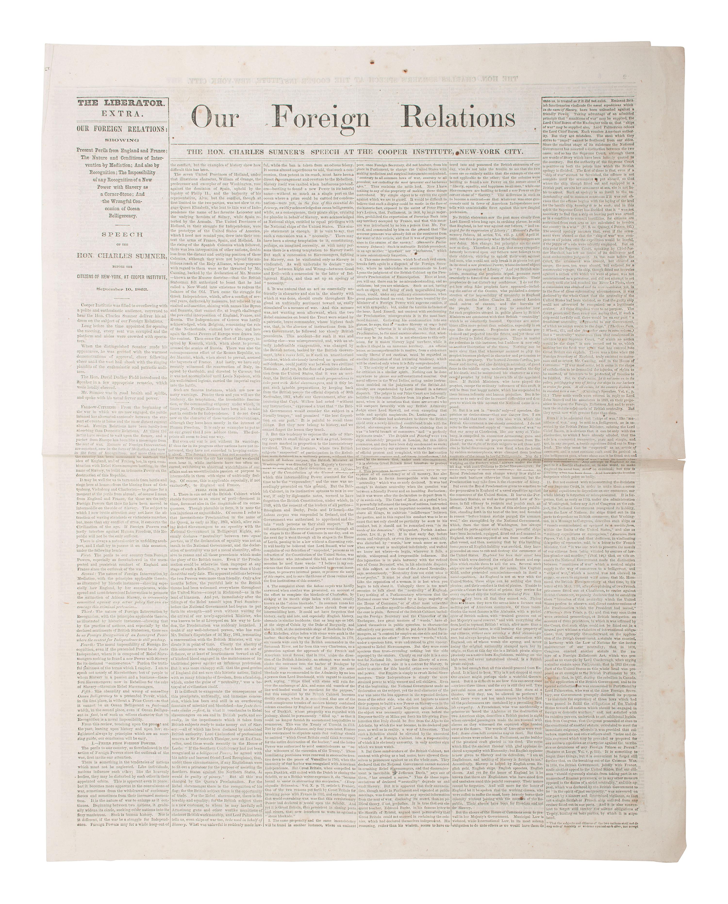 [SLAVERY & ABOLITION]. A group of 4 anti-slavery newspapers highlighted by The Liberator Extra featuring a printing of Charles Sumner's 1863 speech at Cooper Institute, comprising: