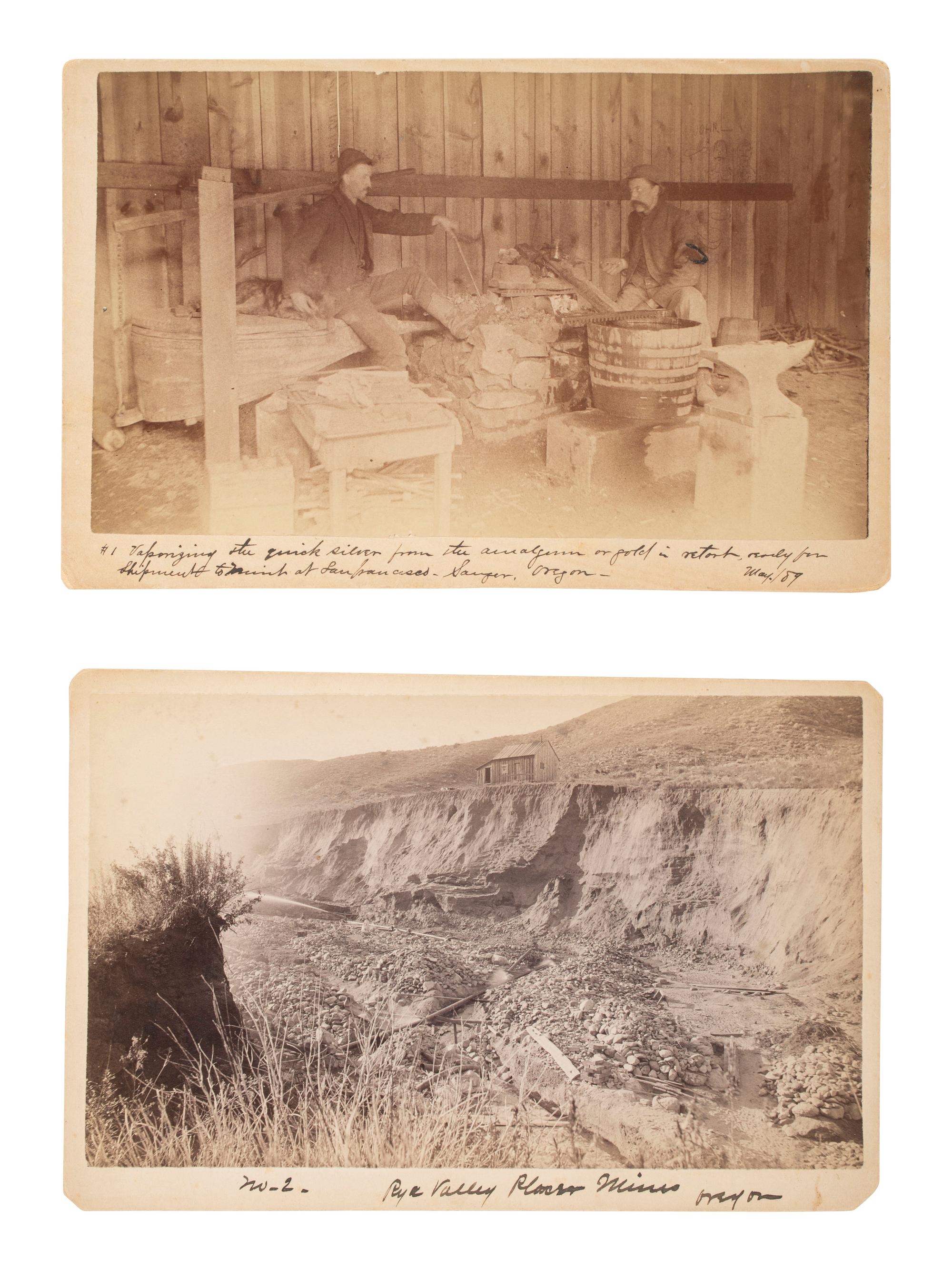 [MINING]. 2 boudoir cards featuring mining operations in Oregon incl. Rye Valley Placer Mines.
