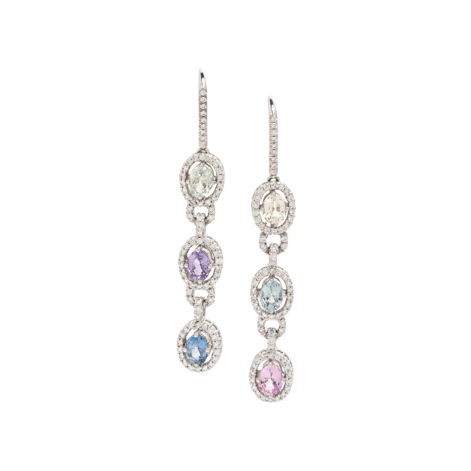 MULTICOLORED SAPPHIRE, DIAMOND, AND WHITE GOLD EARRINGS