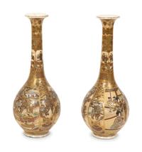 A Pair of Japanese Satsuma Porcelain Bottle Vases
